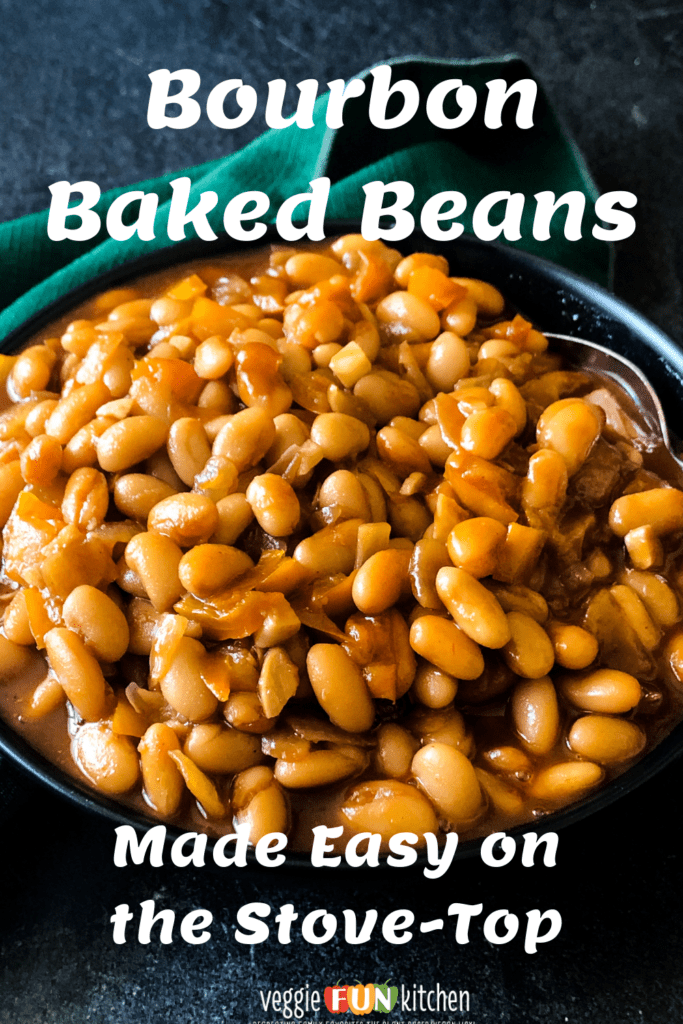 Bourbon baked beans in a bowl with pinterest text overlay