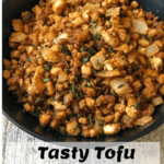 black bowl of cooked asian flavored tofu crumbles with pinterest text overlays