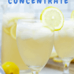 Two glasses of lemonade with a filled glass pitcher with pinterest text overlay