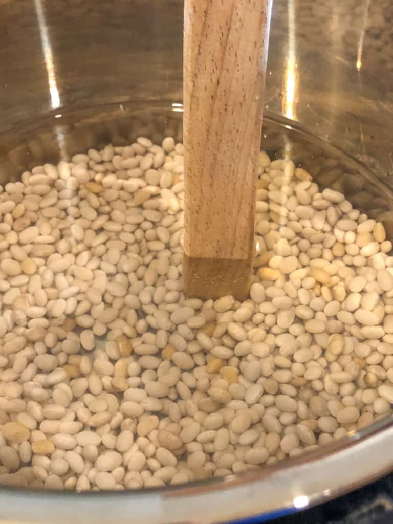 died beans in the instant pot covered with water and a wooden spoon handle show the water level of about 2 inches on top of the beans