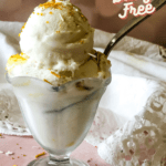 ice cream dish with lemon ice cream topped with sprinkles with Pinterest text overlay