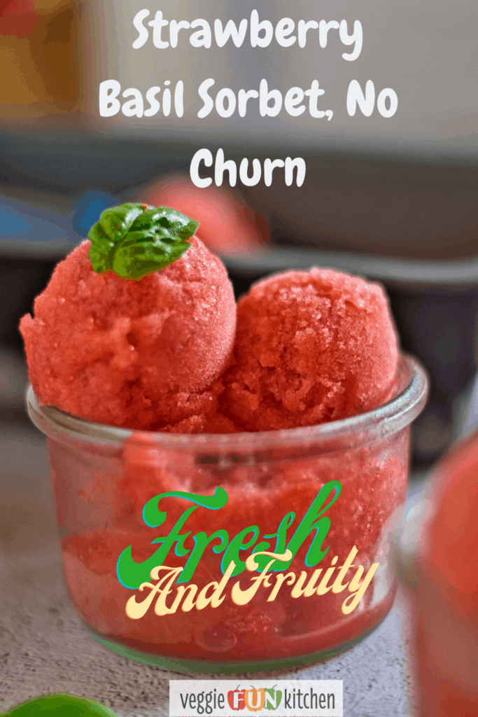 Scoops of strawberry basil sorbet in a glass ice cream dish with Pinterest text overlays