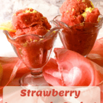 Two ice cream dishes with strawberry lemonade sorbet with Pinterest text overlay
