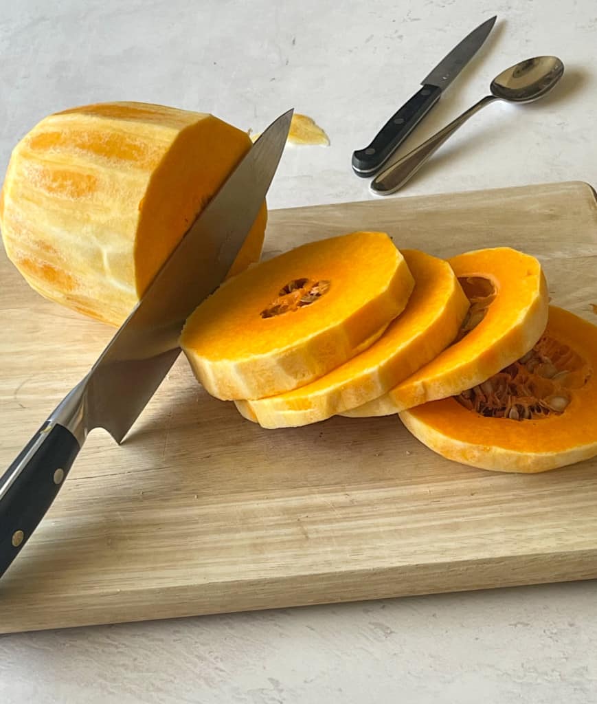 slicing rings of butternut squash
