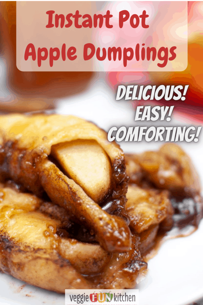 a plate of apple dumplings with pinterest text overlay