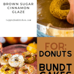 Iced baked donuts in bottom left corner, hand dipping donut in brown sugar cinnamon glaze in top right corner with pinterest text overlay
