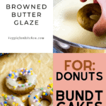 Iced baked donuts in bottom left corner, hand dipping donut in browned butter glaze in top right corner with pinterest text overlay