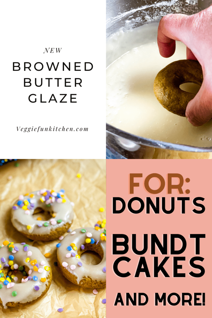 Iced baked donuts in bottom left corner, hand dipping donut in browned butter glaze in top right corner with pinterest text overlay