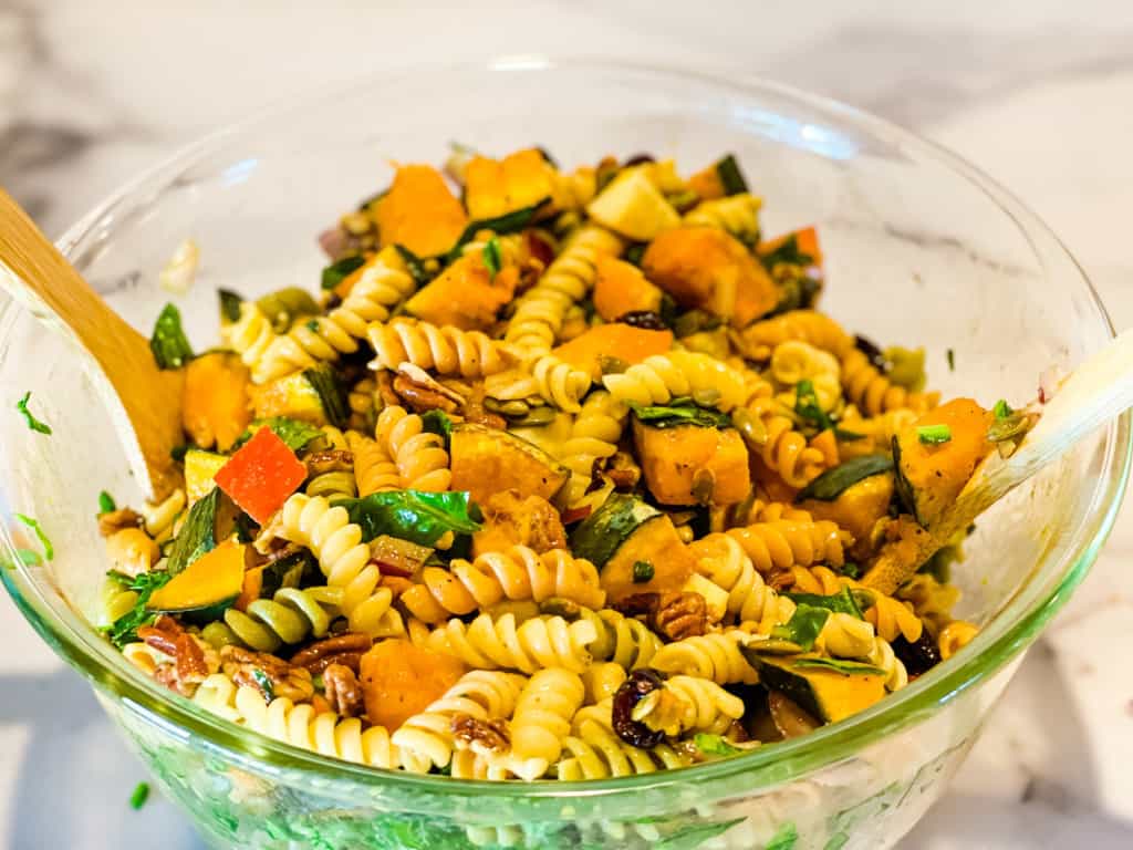 pumpkin pasta in large glass bowl