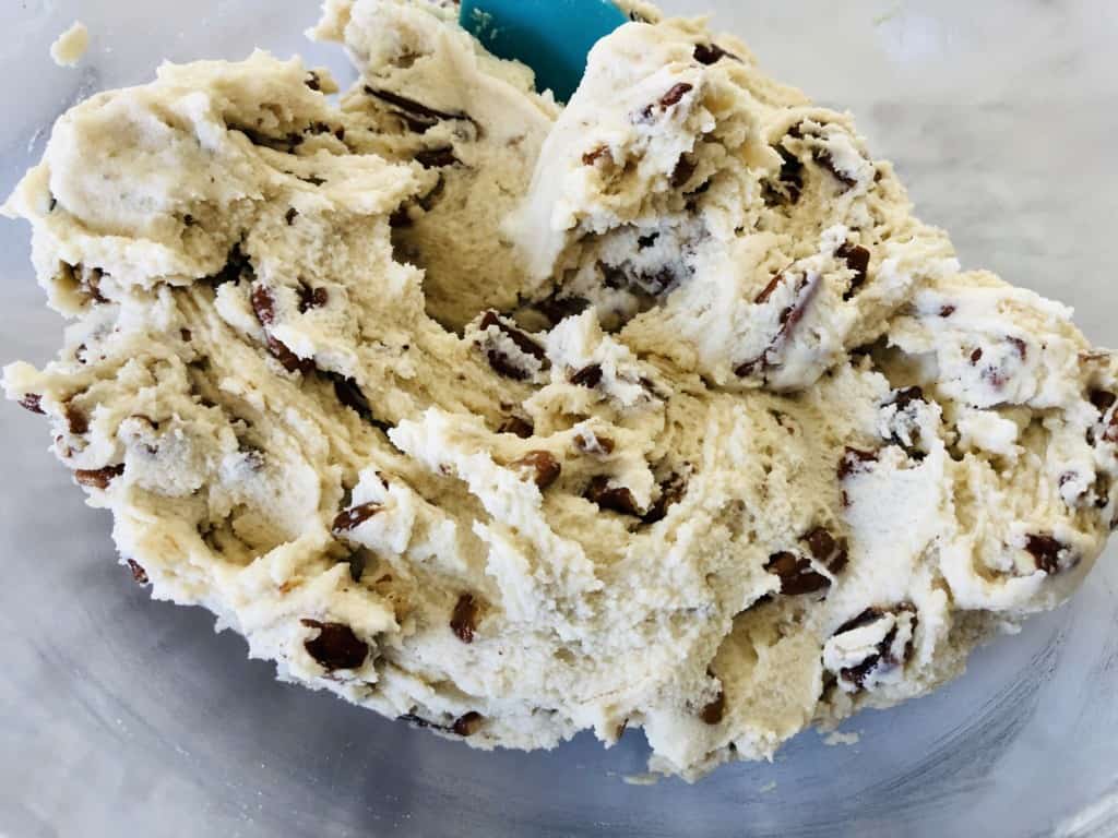 cookie dough all mixed up on blue spoon