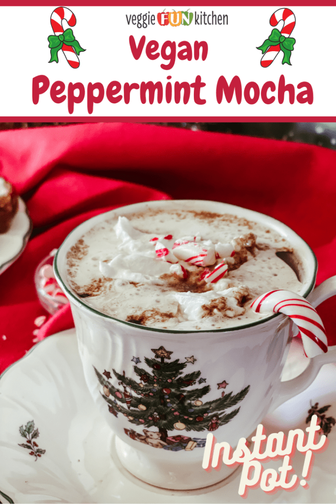 Christmas tree cup with peppermint mocha inside, topped with coconut whipped cream, and candy canes with Pinterest text overlay