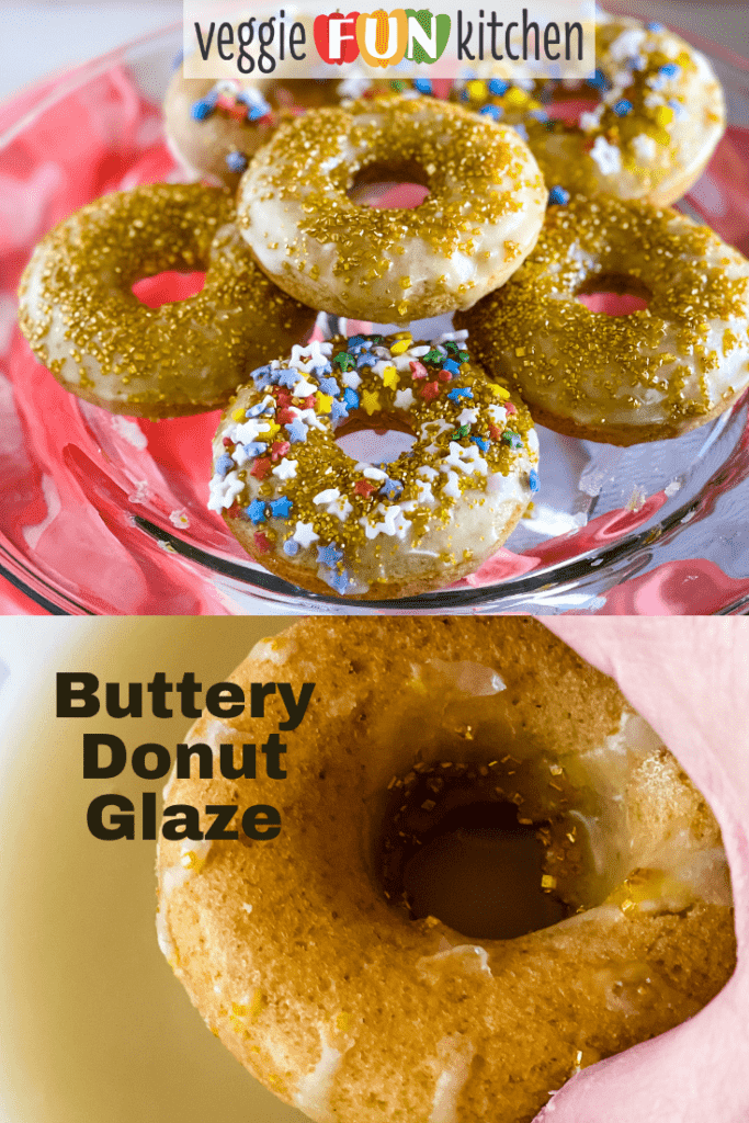 glass cake plate holding glazed decorated donuts and a donut being dipped with pinterest text overlay