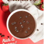 chocolate dip in white bowl with chocolate chips sprinkled on the top and a bowl of strawberries with some chocolate chips and strawberries surrounds the bowls with pinterest text overlay