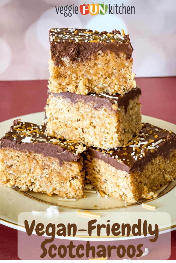 stack of four peanut butter rice krispy treats with pinterest text overlay