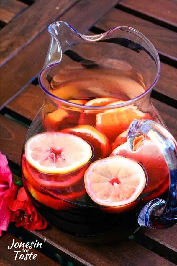 hibiscus tea in pitcher with lemon slices