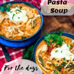 two bowls of italian pasta soup topped with french fried onions and vegan mayo with Pinterest text overlay
