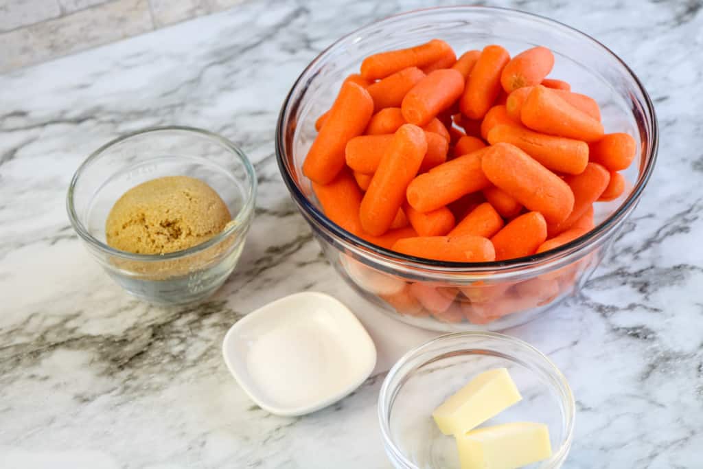 ingredients need for brown sugar carrots including brown sugar, baby carrots, salt, and vegan butter