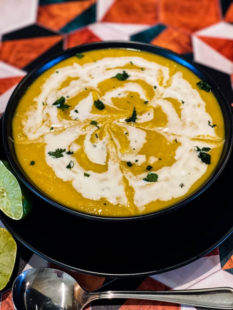 Poblano Pepper Butternut squash soup with coconut lime crema