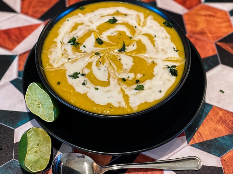 Poblano Pepper Butternut squash soup with coconut lime crema