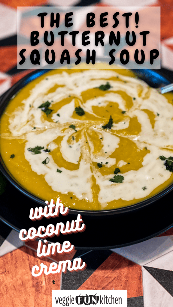 bowl of butternut squash soup with coconut lime crema with pinterest text overlay