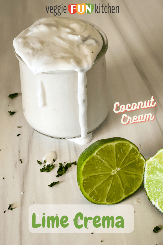 jar of coconut lim crema with cut limes in the foreground and pinterest text overlay