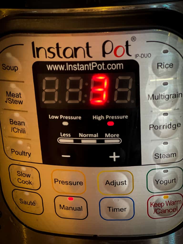 instant pot showing three minutes
