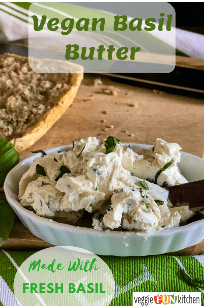 basil garlic butter in white dish next to sliced bread with pinterest text overlay