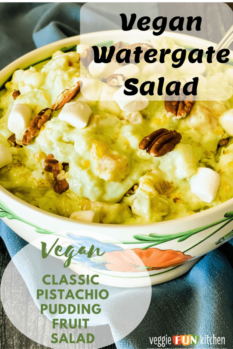 vegan watergate salad in flowered bowl with pinterest text overlay