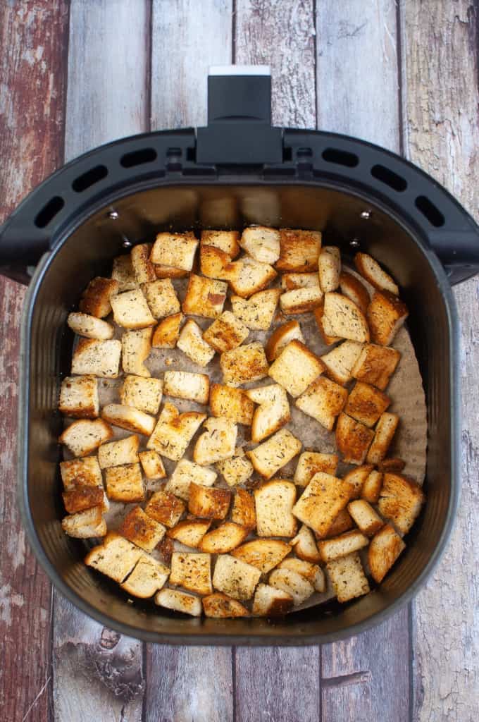 air fried croutons in the basket