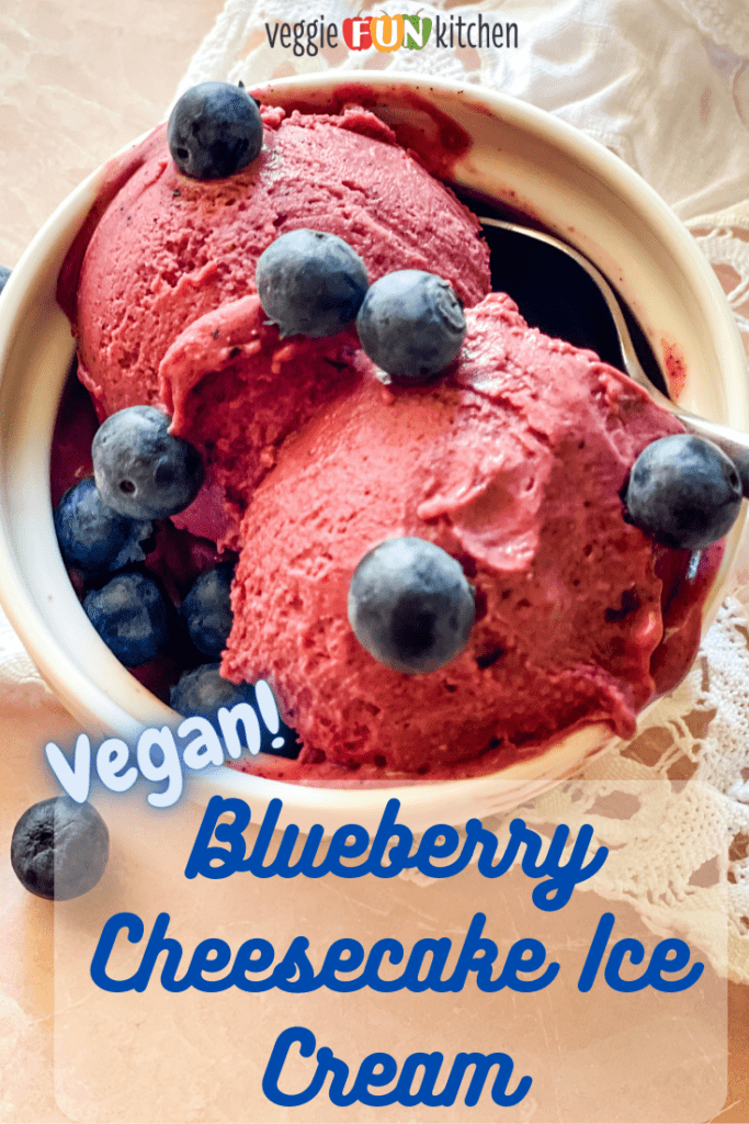 bowl of blueberry cheesecake ice cream with fresh blueberries on top with pinterest text overlay