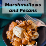 plate of vegan canned yams with fork and pinterest text overlay