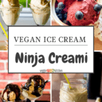 four examples of ice cream made in the Ninja creami including pina colada, blueberry cheesecake, coffee, and pina colada milkshake with pinterest text overlay