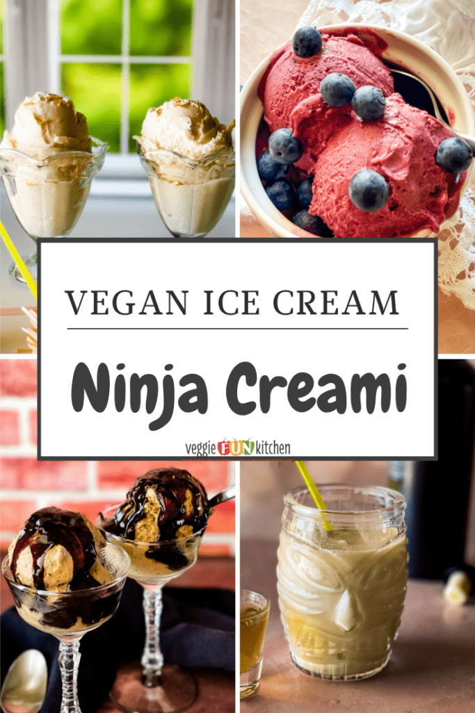 four examples of ice cream made in the Ninja creami including pina colada, blueberry cheesecake, coffee, and pina colada milkshake with pinterest text overlay