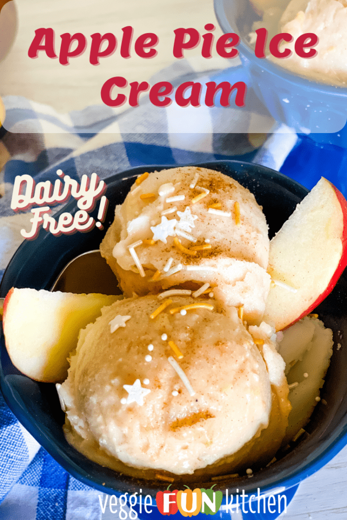 apple pie ice cream in blue dish with sprinkles on top and apple slices on the side with pinterest text overlay
