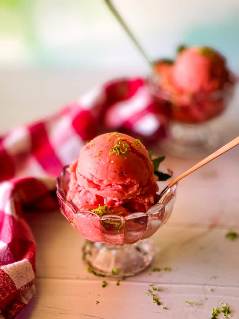 two dishes of watermelon ice cream with sprinkles of lime zest red checked napkin and ice cream scoop in background