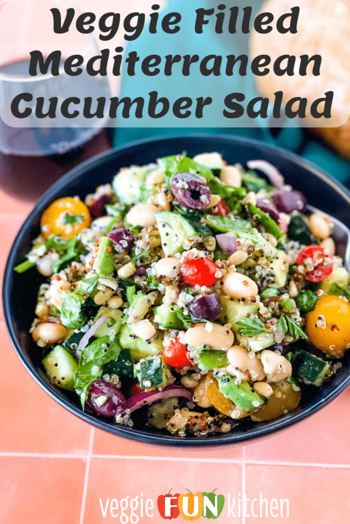 bowl of mediterranean cucumber salad with pinterest text overlay