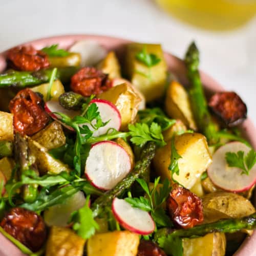 bowl of roasted potato salad with oil