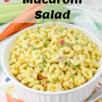 bowl of vegan macaroni salad with pinterest text overlay