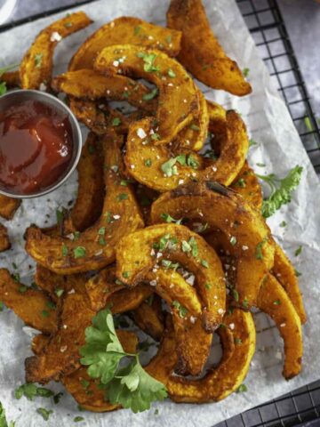 pumpkin fries on parchment paper on wire rack with ketchup and mayo with parsley and a small pumpkin on the side