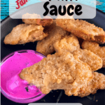 vegan chicken nuggets dipping in the vegan pink sauce with pinterest text overlay