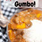 spooning out a portion of vegan gumbo with pinterest text overlay