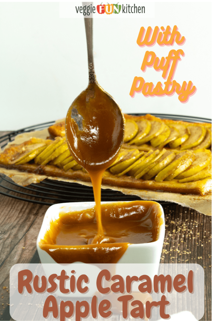 drizzling vegan caramel from a spoon with apple tart in background with pinterest text overlay