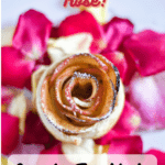 apple tartlet rose surrounded by rose petals with pinterest text overlay