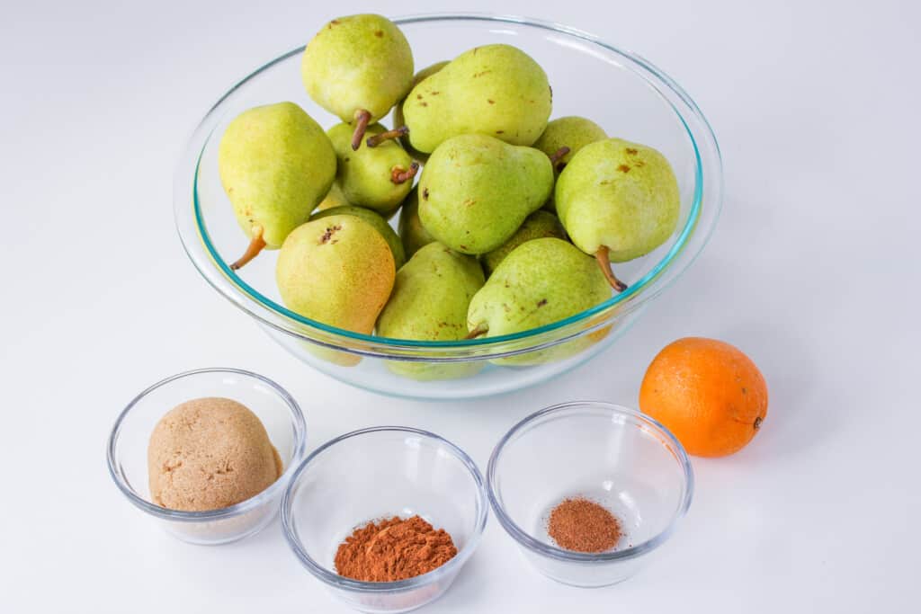 pears in glass bowl with other ingredients