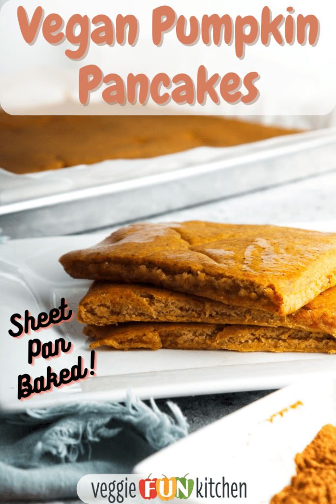 plate of three sheet pan pumpkin pancakes stacked with a sheet pan in background with pinterest text overlay