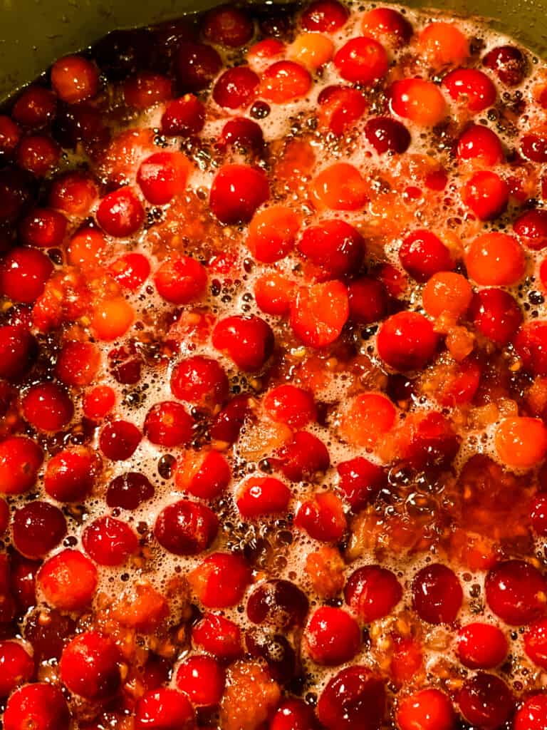 cooking the raspberry cranberry sauce showing a foaming boil