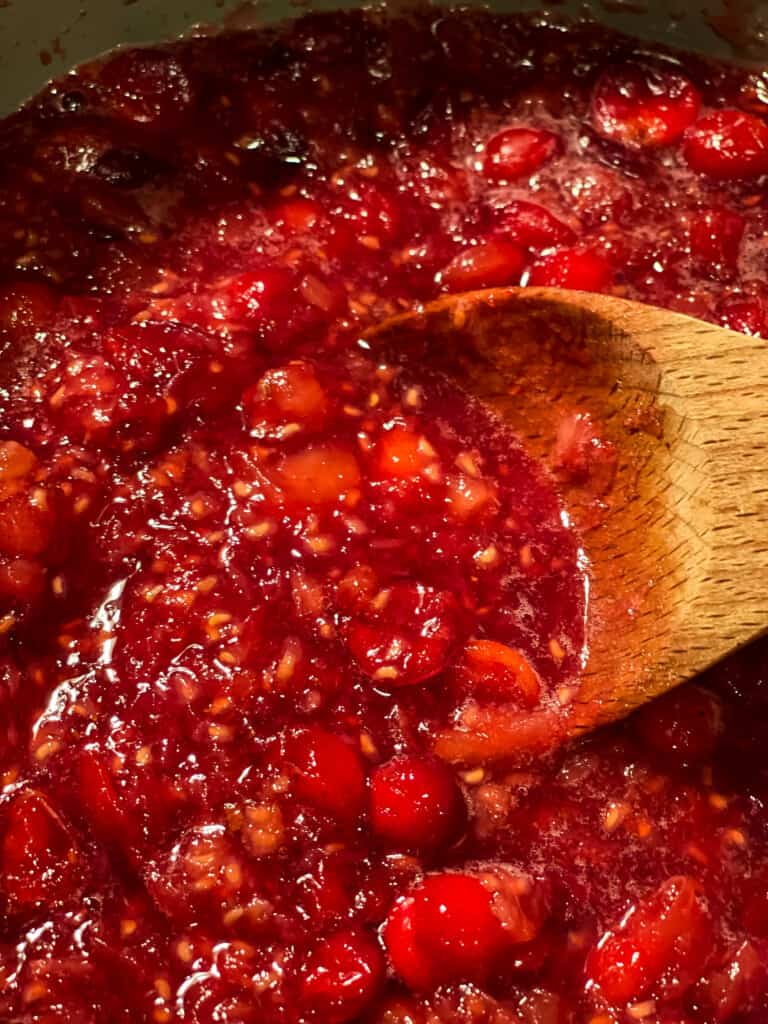cooking the raspberry cranberry sauce