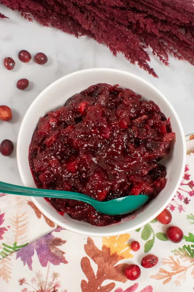 bowl of apple cranberry sauce with green spoon
