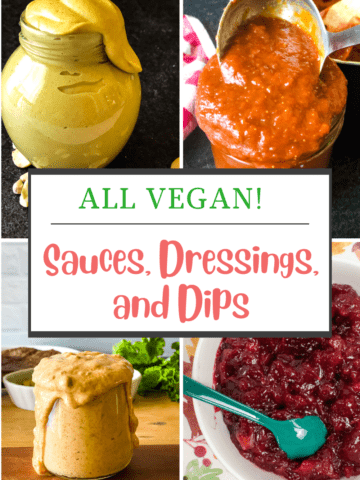 vegan honey mustard dressing, bbq sauce, hamburger secret sauce, and cranberry sauce with pinterest text overlay