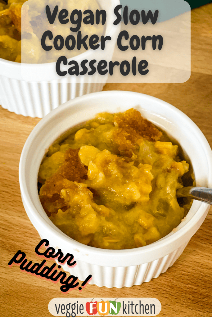 white bowl corn casserole with second bowl in background with pinterest text overlay